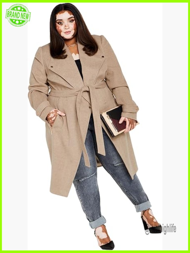 Knee-Length Wool Blend Coat With Tie Belt & Gold Buttons
